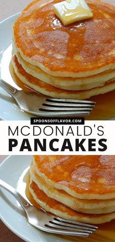 two pancakes with butter on top and the words mcdonald's pancakes above them