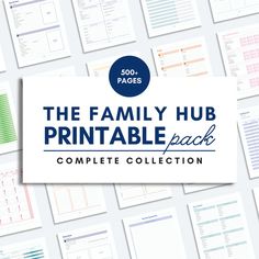 the family hub printable pack is shown on top of a white background with lots of papers