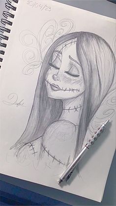 a pencil drawing of a girl with her eyes closed and skully make - up