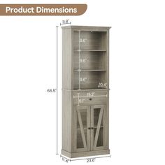 a tall wooden cabinet with measurements for the top and bottom shelves on each side,