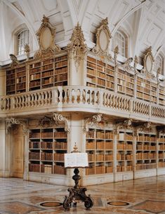 an ornate library with many bookshelves and sculptures on the floor in front of them