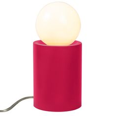 a red table lamp with a white light on it's end and a cord