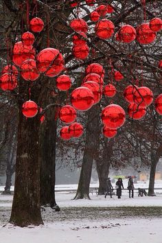 many red lanterns are hanging from trees in the snow, with people walking by them