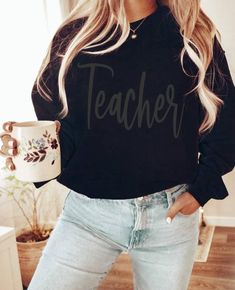 Black Crew Neck Sweatshirt With Text Print, Black Fall T-shirt For College, Black Crew Neck Hoodie With Letter Print, Black Basic Sweatshirt For Fall, Crew Neck Sweatshirt With Name Print For Fall, Fall Crew Neck Sweatshirt With Name Print, Black Slogan Sweatshirt Crew Neck, Black Crew Top With Text Print, Black College T-shirt For Fall