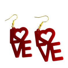 These make such an adorable addition to any Valentine's Day outfit. A quick laser cut and easy to sell at craft fairs or shows. Love these in red acrylic but you can mix and match them with different acrylic colors. Great to use up scraps. Red Plastic Earrings For Gift, Fun Red Plastic Jewelry, Love Word, Valentine's Day Outfit, Catalog Design, Timeless Gifts, Lovely Earrings, Day Outfit, Etsy Earrings Dangle