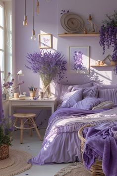 a bedroom with purple walls and lavender decor