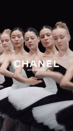 a group of women in black and white dresses with the words chanel above them