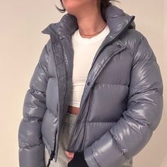 The Perfect Warm, Cropped Puffer For Winter Has A Hood And Thumb Holes Don’t Know The Exact Name Of The Color- Blueish-Gray Tone Great Condition Puffer Coat Aritzia, Superpuff Aritzia, Aritzia Super Puff Black, Puffy Coat Aritzia, Gray Hooded Nylon Puffer Jacket, Blue Hooded Puffer Outerwear, Aritzia Jacket, Grey Tones, Blue Grey