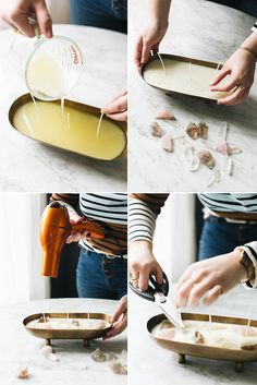 four photos showing how to make an appetizing dish with cheese and sauce being drizzled on them