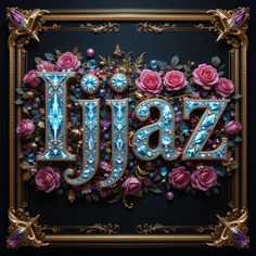 the letter j is surrounded by pink roses and blue jewels in an ornate gold frame