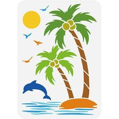 dolphins and palm trees on an island in the ocean