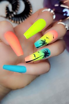 Vacay Vibes - Etsy New Acrylic Nails Trends, Bright Summer Nails Designs 2024, Neon Nails Designs Summer 2024, Island Vacation Nails, Summer Fun Nails, Neon Summer Nails, Jamaica Nails, Luxe Nails