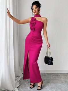 Não perca esta oferta grande na SHEIN! Economize muito agora!​SHEIN Privé Vestido Drapeado Elegante com Decoração Floral Feminino, Adequado para Verão e Outono Floral, Pink