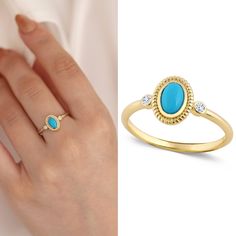 With this 14k Gold Turquoise Statement Ring, a work of art that perfectly encapsulates the spirit of calm elegance, you may reveal the alluring beauty of nature.  The centerpiece turquoise gemstone is cradled within a notched oval frame, a delicate touch that enhances its beauty while adding a unique dimension to the design. This considerate touch produces a striking contrast that draws attention to the tranquil blue depths of the turquoise. Two round zircon gemstones stand as bright partners on Oval Gemstone Ring Design, Oval Blue Opal Ring In 14k Gold, Oval Gold Turquoise Ring Fine Jewelry, 14k Gold Turquoise Oval Rings, 14k Gold Turquoise Oval Cabochon Ring Gift, Oval Turquoise Rings In 14k Gold, Oval Turquoise Ring In 14k Gold For Wedding, Oval Blue Turquoise Ring In 14k Gold, Heirloom Blue Oval Cabochon Turquoise Ring