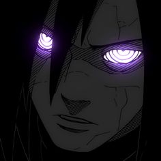 an anime character with glowing eyes and purple light on his face, looking at the camera