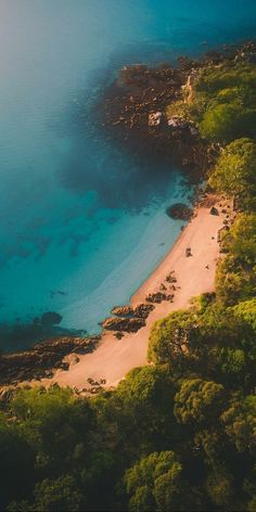 an aerial view of a sandy beach surrounded by trees