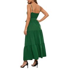 Green Green Spaghetti Straps Hollow-out Casual Dress with Belt Green Suspender Sundress For Vacation, Green Suspender Dress For Vacation, Green Spaghetti Strap Suspender Dress For Vacation, Green Suspender Dress With Spaghetti Straps For Vacation, Green Sundress Maxi Dress, Green Solid Color Sundress Maxi Dress, Green Cami Sundress For Vacation, Green Spaghetti Strap Sundress, Green Sundress With Spaghetti Straps