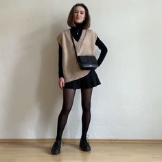 Fall Aesthetic University Outfits, Europe 2024 Fashion, Vest Pullover Outfit, Turtle Neck Under Dress Outfit, Sweater Vest And Skirt Outfit, Winter Semi Formal Outfit, Home Date Outfit, Vest Over Dress, Cool School Outfits