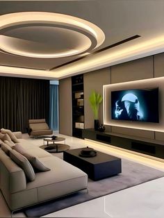 a modern living room with white furniture and a large flat screen tv on the wall