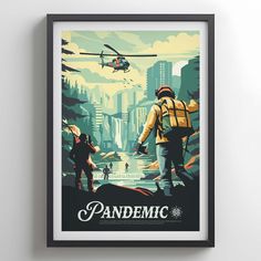 a framed poster with an image of a man in uniform and helicopter flying over the city