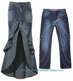 two pairs of jeans with chains on them and one pair in the same pattern, both worn