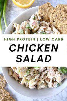 the best ever chicken salad in a bowl with crackers