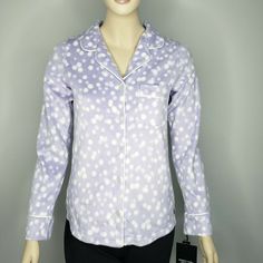 Simply Vera Vera Wang Purple Polka Dot Fleece Button Up Pajama Top Womens Xs Chest: 34″ Length: 24″ 100% Polyester Like What You See? Check Out The Rest Of My Store! All Measurements Are Approximate. L146 Purple Relaxed Fit Long Sleeve Sleepwear, Long Sleeve Sleep Top With Button Closure, Fitted Long Sleeve Tops For Sleepovers, Purple Long Sleeve Sleepwear, Fitted Long Sleeve Winter Sleepwear, Purple Pajamas, Button Up Pajamas, Black Pajamas, Womens Pajama Shorts