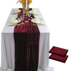 PRICES MAY VARY. 100% Polyester velvet table runner Velvet MATERIAL: The beautiful luxurious velvet table runner is made of high quality velvet, soft and smooth, not easy to wrinkle and shrink, no pilling and fading, no peculiar smell. Excellent wrinkle resistance, elasticity and dimensional stability. SIZE: 5 pack in size 20x120inch velvet table runner. TEXTURE : The thick shiny velvet fabric makes the table runner hang down and stay in place very well, not easy to flutter, giving you a sense o Burgundy Table Runner, Velvet Table Runner, Long Table Wedding, Velvet Table, Fabric Table, Table Runners Wedding, Green Table, Banquet Tables, Party Table Decorations