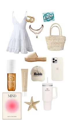 the contents of a woman's white summer outfit