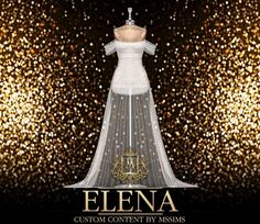 a dress on display in front of a gold glitter background with the name elena