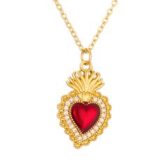 Gold-Plated Red Enamel Heart Necklace with White Zirconia 18" - Guadalupe Gifts Valentine's Day Gold Plated Pendant Necklace, Dainty Heart Pendant Necklace With 17 Jewels, Gold Cubic Zirconia Heart Pendant Necklace, Red Heart-shaped Cubic Zirconia Necklace, Gold Heart Pendant Necklace With Cubic Zirconia, Valentine's Day Gold Plated Necklace With Adjustable Chain, Red Gold Plated Necklace For Anniversary, Valentine's Day Yellow Gold Plated Necklace, Red Cubic Zirconia Heart Pendant Necklace