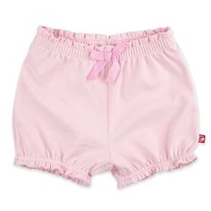 Organic Cotton Ruffle Short - Baby Pink Playful Pink Ruffled Shorts, Cotton Ruffle Shorts For Loungewear, Playful Ruffled Shorts, Cotton Ruffled Bloomers For Playwear, Cotton Ruffled Short Bloomers, Cute Ruffled Cotton Shorts, Casual Pink Cotton Bloomers, Playful Pink Cotton Bloomers, Cotton Bloomers With Elastic Waistband For Playwear