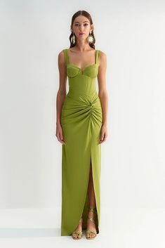 Light Green Side Slit Detailed Maxi Dress Length from Shoulder: 160 cm 95% Polyester, 5% Elastane Model Measurements: Height: 1.77 Bust: 83 Waist: 58 Hips: 89 cm  Model is wearing size S Light Green Gown Elegant, High Low Evening Dresses Elegant, Light Green Evening Dress, Wedding Guest Dress Off The Shoulder, Wedding Guest Dress Italy Summer, Colorful Formal Dress, Cool Formal Dresses, Lime Green Formal Dress, Garden Gala Dress