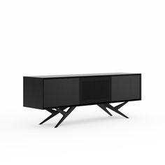 the sideboard is black and has two legs on each side, with an angled design