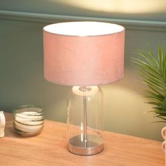 a lamp on a table next to a potted plant and other items in front of it