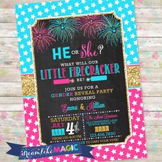 a chalkboard birthday party with fireworks and stars on the side, including a sign that says he or she? what will our little firecracker be?