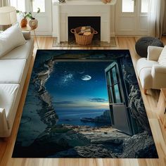 an open door leading to the ocean at night with stars and planets in the sky