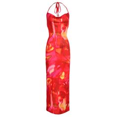 Features: This timeless Gwen Tie Day Print Backless Maxi Dress will have you look effortlessly stylish. The feminine halter silhouette flatters the body while the backless design gives a modern edge. Crafted from a lightweight fabric, it pairs perfectly with strappy sandals for a summer-ready look. Red Fitted Spaghetti Strap Backless Dress, Red Fitted Backless Dress With Spaghetti Straps, Spring Bodycon Halter Neck Backless Dress, Red Spaghetti Strap Backless Dress For Date Night, Red Sleeveless Tie-back Backless Dress, Red Midi Halter Dress For Party, Red Midi Length Halter Dress For Party, Red Sleeveless Backless Dress With Tie Back, Elegant Red Backless Dress With Spaghetti Straps