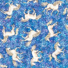 a blue background with white horses and leaves on it's sides, all in different colors