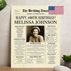 an old newspaper with a photo of a woman's face on it and the words happy 100th birthday mellisa johnson