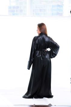 Long Satin Evening Robe, Evening Robe With Satin Finish, Long Evening Robe With Satin Finish, Evening Satin Maxi-length Abaya, Evening Satin Maxi Abaya, Black Maxi Length Kimono, Elegant Maxi Robe For Evening, Elegant Evening Robe In Maxi Length, Elegant Evening Robe Maxi Length