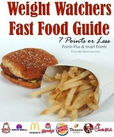 A Weight Watcher Fast Food Guide with menu items that are 7 points or less. Restaurants include Chick-fil-A, Wendy's, McDonald's, Panera & more. Ww Fast Food, Weight Watchers Fast Food, Weight Watchers Tips, Ww Food, Weight Watcher Meals, Weight Watchers Food, Ww Meals, Weight Watchers Smart Points, Weight Watcher Dinners