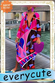 Fashion Print V Neck Dress Trendy Fall Beach Midi Dress, Trendy Fall Maxi Dress For Vacation, Trendy Fall Vacation Maxi Dress, Pink Midi Dress For Fall Vacation, Pink Maxi Dress For Fall Vacation, Trendy Long Sleeve Maxi Dress For Vacation, Pink Long Sleeve Maxi Dress For Beach Season, Dress Item, Product Name