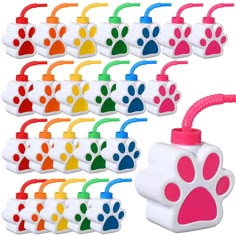 dog paw shaped soap dispenser in assorted colors and sizes with handle