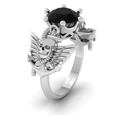 Anchor Wings Skull Ring Solitaire 2.20CT Black Onyx Halloween Black Sterling Silver Punk Rings, Punk Black Ring For Halloween, Black Punk Rings For Halloween, Punk Black Rings For Halloween, Gothic Black Skull Ring For Halloween, Black Skull Rings In Punk Style, Black Skull Rings Punk Style, Punk Style Black Skull Rings, Black Skull Sterling Silver Jewelry