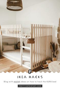 a white bunk bed sitting in a bedroom next to a wooden crib with text overlay reading ikea hacks