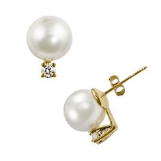 Akoya cultured pearls and diamond accents give these stud earrings breathtaking elegance.Earring Details: Length: 9-mm Backings: post Metal: 14k goldCultured Pearl Details: Type: Akoya Shape: round Size: 6-6.5-mm Color: whiteDiamond Details: Carat total weight: less than .1 Cut: round Color: G-H Clarity: I1 Setting: prongImage(s) may be enlarged to show detail.Diamond weights are approximate. Diamond total weights may vary between .01 and .08 ct. Some diamonds have fewer than 17 facets.Gemstones Timeless Pearl Earrings With Diamond Accents As Gift, Timeless Pearl Earrings With Diamond Accents, Elegant Gold Pearl Earrings With Brilliant Cut, Elegant Gold Pearl Earrings Brilliant Cut, Elegant Pearl Earrings With Diamond Accents For Anniversary, Gift Akoya Pearl Diamond Earrings With Diamond Accents, Akoya Pearl Diamond Earrings For Gift, Diamond Pearl Earrings With Diamond Accents As Gift, Fine Pearl Diamond Earrings As Gift