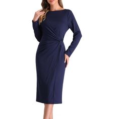 This Boat Neck Ruched Bodycon Dress features a wrap boat neck design that is not see-through, has long sleeves, and is perfect for party and cocktail events. The sheath pencil dress is extremely flattering for curvy women, with a ruched waist that adds a delicate and elegant touch. The boat neck wrap design beautifully showcases your charming collarbone. Ideal for various occasions such as work, parties, cocktails, daily wear, funerals, weddings, night outs, evenings, proms, dinners, dating, bus Bodycon Work Dress, Work Parties, Dress Dark Blue, Sweater Maxi Dress, Ruched Midi Dress, Cocktail Event, Ruched Bodycon Dress, Midi Sheath Dress, Sweater Dress Midi