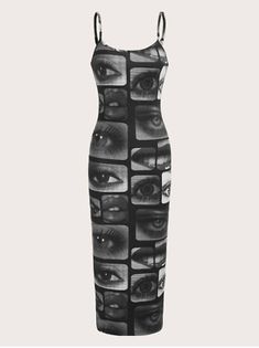 Premium Quality Multicolor ICON Eye & Lip Print Cami Bodycon Dress Sz XS S M L, Fashion Women's Dresses Y2k Fashion Dresses, Eye Clothes, Lip Print, Shein Icon, Eye Print, Graphic Dress, Lips Print, Little Outfits, Eyes Lips