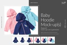 the baby hoodie mock - ups are available in multiple colors and sizes, including pink, blue, green, purple